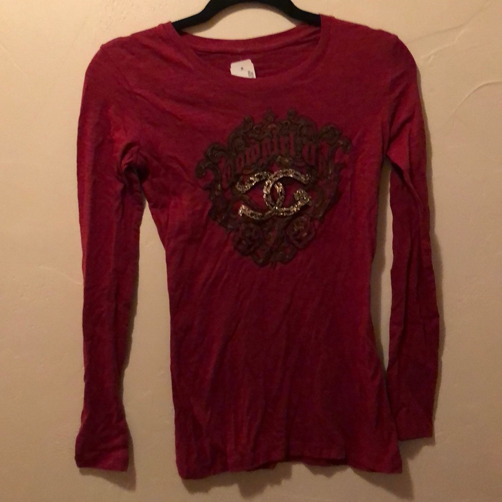 Red long sleeve shirt that says cowgirl up